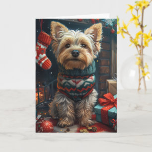 Yorkshire Terrier mit Weihnachtsgeschenken Kamin Karte