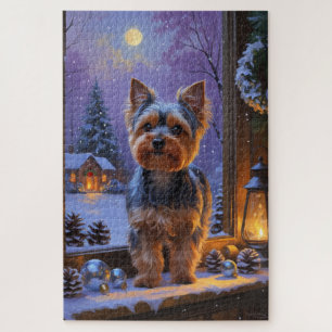 Yorkshire Terrier mit Weihnachtslichtern Urlaub