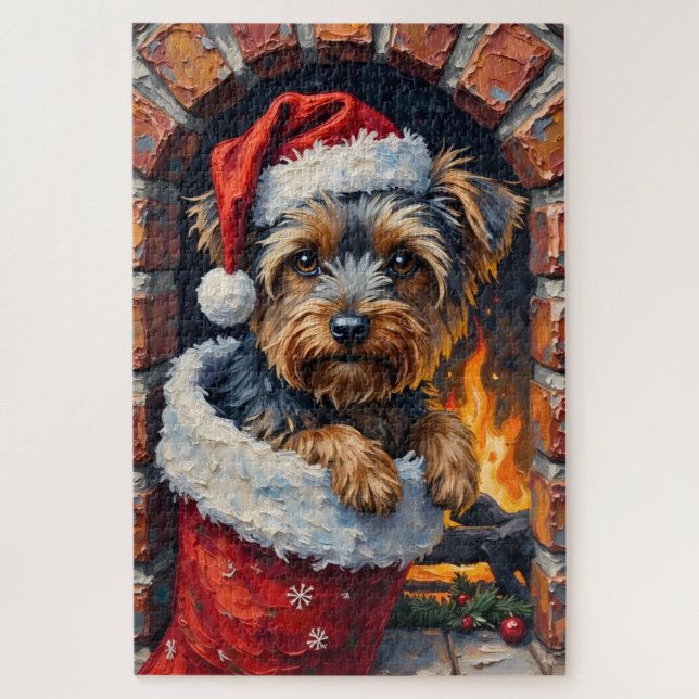 Yorkshire Terrier Peeking from Christmas Stocking  (Vertikal)