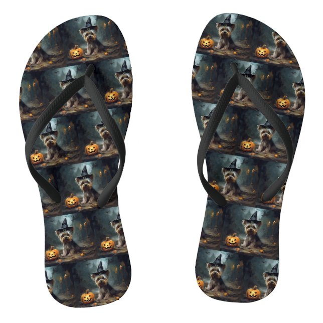Yorkshire Terrier Pumpkins Halloween Beängstigend Flip Flops (Fußbett)