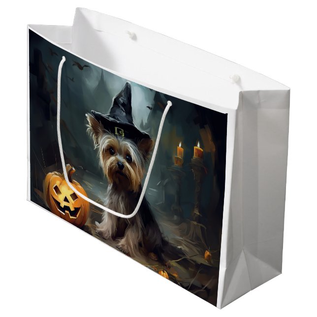 Yorkshire Terrier Pumpkins Halloween Beängstigend Große Geschenktüte (Vorderseite Schrägansicht)