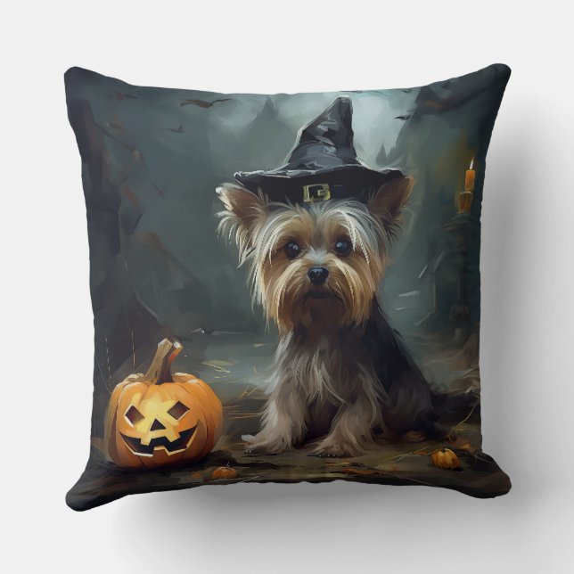 Yorkshire Terrier Pumpkins Halloween Beängstigend Kissen (Rückseite)