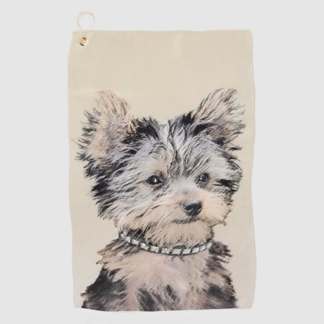 Yorkshire Terrier Puppy Painting Original Hundesch Golfhandtuch (Vorderseite)