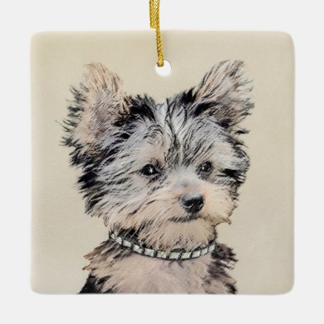 Yorkshire Terrier Puppy Painting Original Hundesch Keramikornament (Vorderseite)