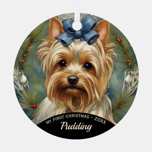Yorkshire Terrier Puppy's First Christmas Ornament Aus Metall (Vorderseite)