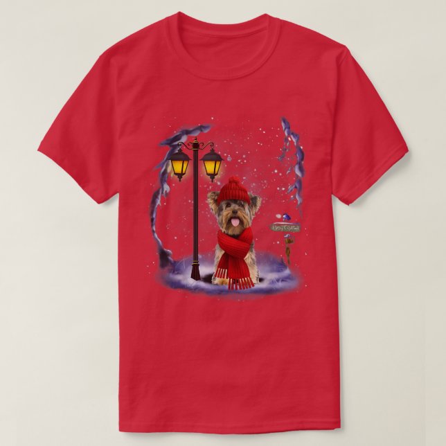 Yorkshire Terrier Santa Snow Christmas Light Winte T-Shirt (Design vorne)