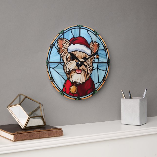 Yorkshire Terrier Stared Glass Christmas Große Wanduhr (Büro)