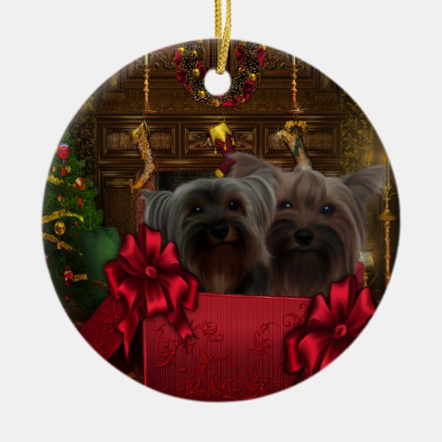 Yorkshire Terrier Weihnachtsdekoration Keramikornament (Vorne)