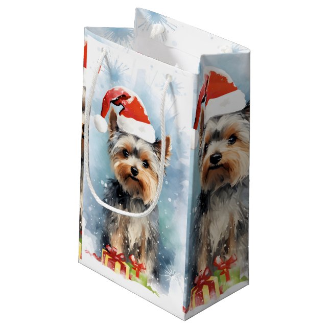 Yorkshire Terrier Weihnachtsmalerei Kleine Geschenktüte (Rückseite Schrägansicht)