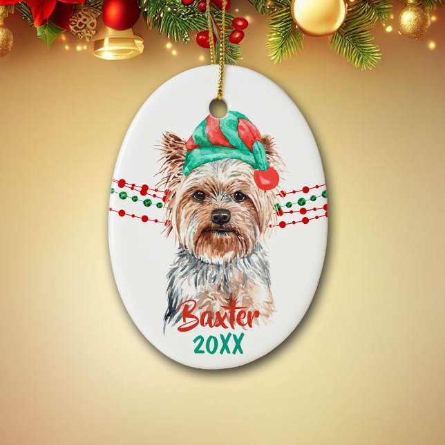 Yorkshire Terrier Weihnachtsmannmütze Holiday Stri Keramik Ornament (Von Creator hochgeladen)