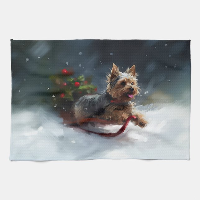 Yorkshire Terrier Weihnachtsschnee Geschirrtuch (Horizontal)