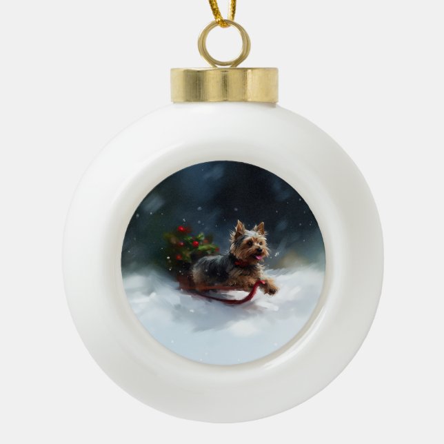 Yorkshire Terrier Weihnachtsschnee Keramik Kugel-Ornament (Vorderseite)