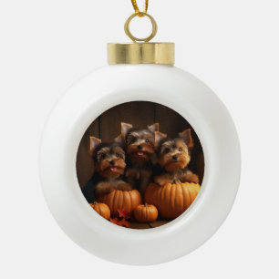 Yorkshire Terrier Welpe Herbstfreude Kürbis Keramik Kugel-Ornament