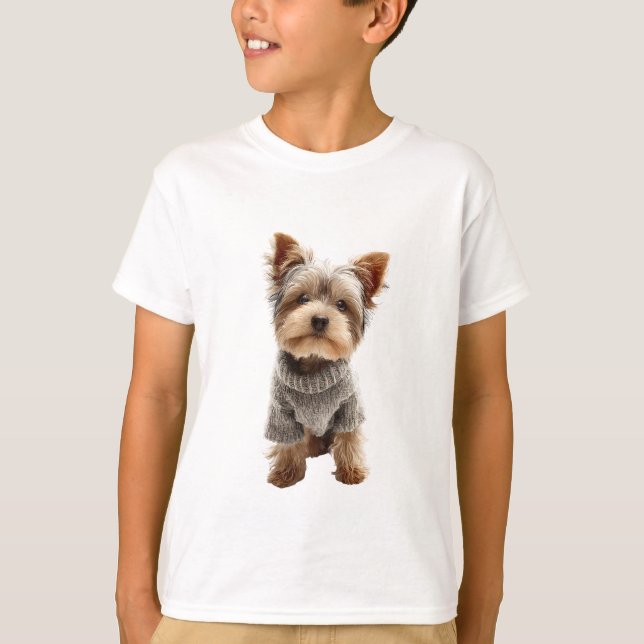 Yorkshire Terrier Welpe in grauem Strickpullover f T-Shirt (Vorderseite)