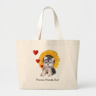 Yorkshire Terrier Welpenhund, Herz und Sonnenblume Jumbo Stoffbeutel