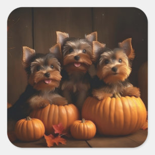 Yorkshire Terrier Welppy Autumn Delight Pumpkin Quadratischer Aufkleber
