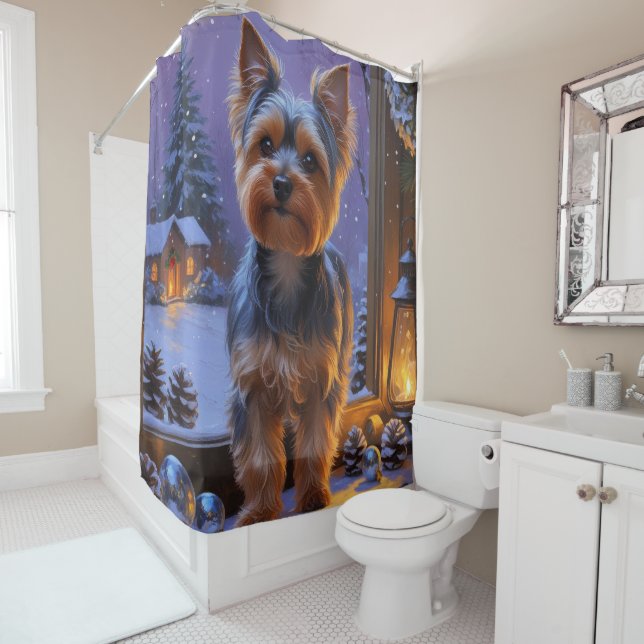 Yorkshire Terrier With Christmas Lights Holiday Duschvorhang (Beispiel)