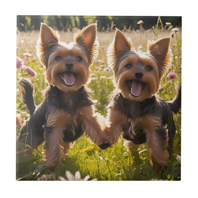Yorkshire Terriers spielen im Gras Fliese (Vorderseite)