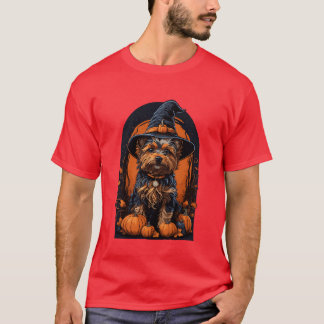 Yorkshireerrier mit einem Hexenhut-Halloween-Gesch T-Shirt