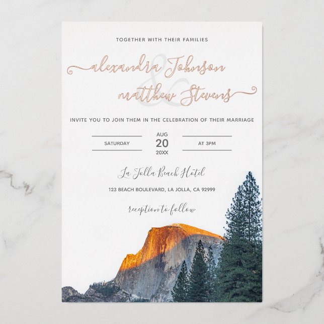 Yosemite Half Dome Sonnenuntergang Hochzeitsfoil E Folieneinladung (Vorderseite)