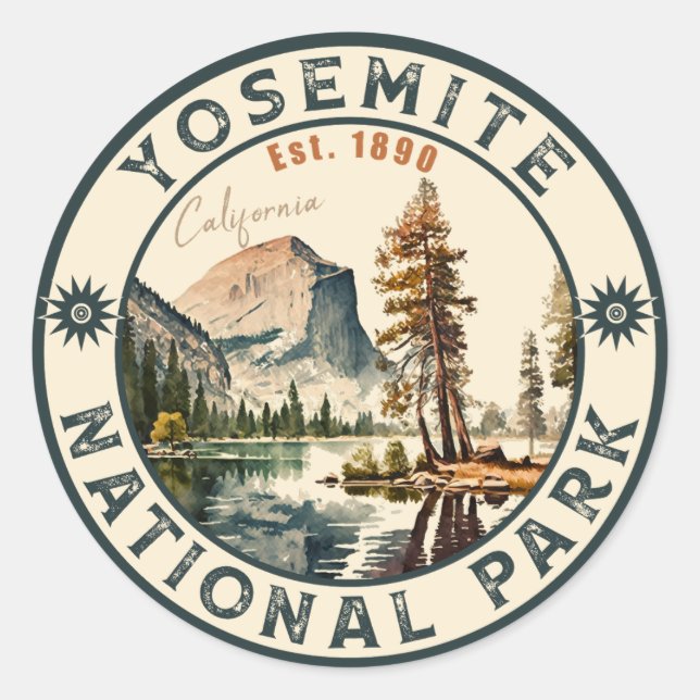Yosemite National Park Aquarell Halbkuppel Sonnenu Runder Aufkleber (Vorderseite)
