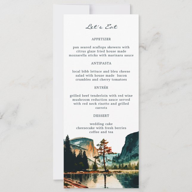 Yosemite Nationalpark Watercolor Hochzeitsmenüs Einladung (Vorderseite)