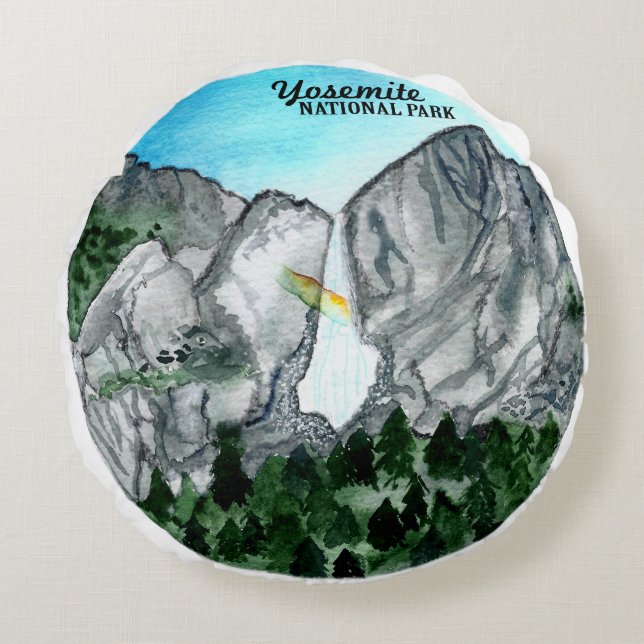 Yosemite Nationalpark Watercolor Rundes Kissen (Vorderseite)