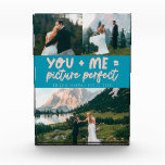 You and Me Picture Perfect Frischvermählte Aqua Bl Fotoblock<br><div class="desc">Whimsische und spielerische Hochzeitserinnerung mit 3 Fotos der Frischvermählten und einer typografischen Textzeile,  die "you   me = picture perfect" lautet. Aqua Blau.</div>