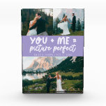 You and Me Picture Perfect Frischvermählte Flieder Fotoblock<br><div class="desc">Whimsische und spielerische Hochzeitserinnerung mit 3 Fotos der Frischvermählten und einer typografischen Textzeile,  die "you   me = picture perfect" lautet. Flieder.</div>