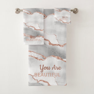 "You are Beautiful" White Agate Rose Gold Glitzer Badhandtuch Set