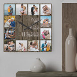 You are the One Quote 12 Photo Brown Wood Quadratische Wanduhr<br><div class="desc">Photo clock with romantic quote and 12 of your favorite pictures. The photo template is set up for you to create your own grid style photo collage to frame the quote reads "you are the one". The design is lettered in modern oversized print and casual script typography with a brown...</div>