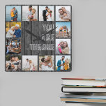 You are the One Quote 12 Photo Grey Wood Quadratische Wanduhr<br><div class="desc">Photo clock with romantic quote and 12 of your favorite pictures. The photo template is set up for you to create your own grid style photo collage to frame the quote reads "you are the one". The design is lettered in modern oversized print and casual script typography with a grey...</div>