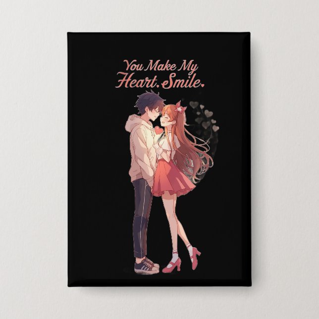 You Make My Heart Smile Anime Couple T-Shirt Button (Vorderseite)