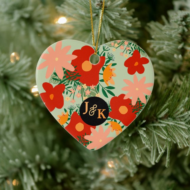 You & Me Romance Rotes Blume Herz Keramik Ornament (Baum)