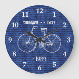 You Plus Bicycle Equals Happy Antique Stripes Blue Große Wanduhr