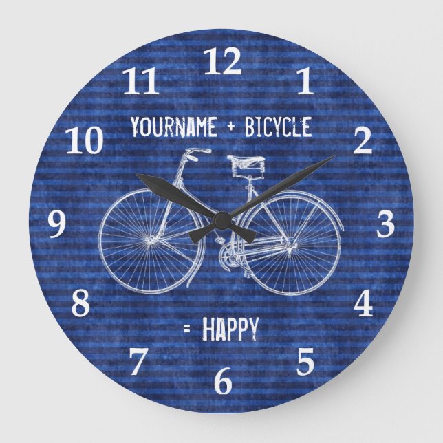 You Plus Bicycle Equals Happy Antique Stripes Blue Große Wanduhr (Vorderseite)