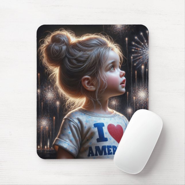 Young American Girl Watching Fireworks Mousepad (Mit Mouse)