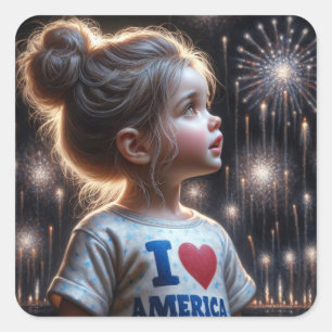Young American Girl Watching Fireworks Quadratischer Aufkleber