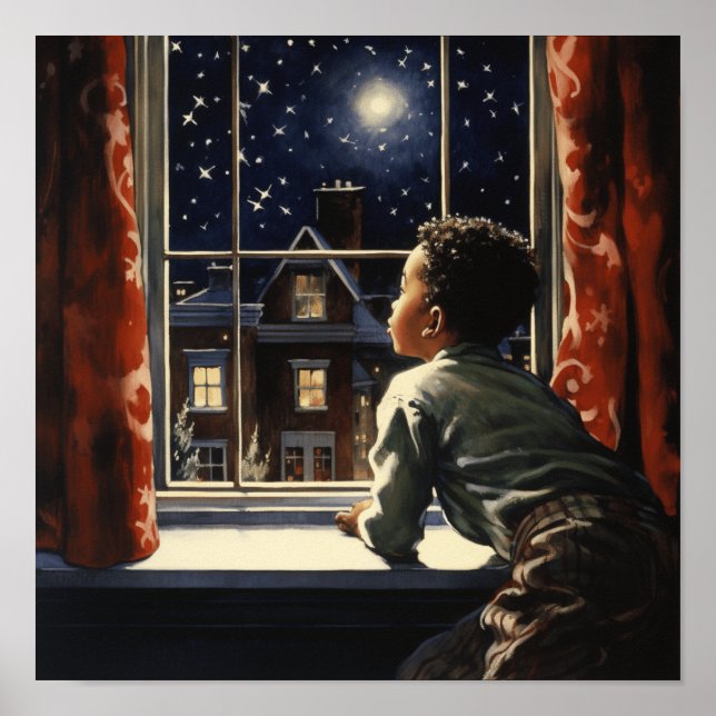 Young Black Boy at Window - Christmas Night Wonder Poster (Vorne)