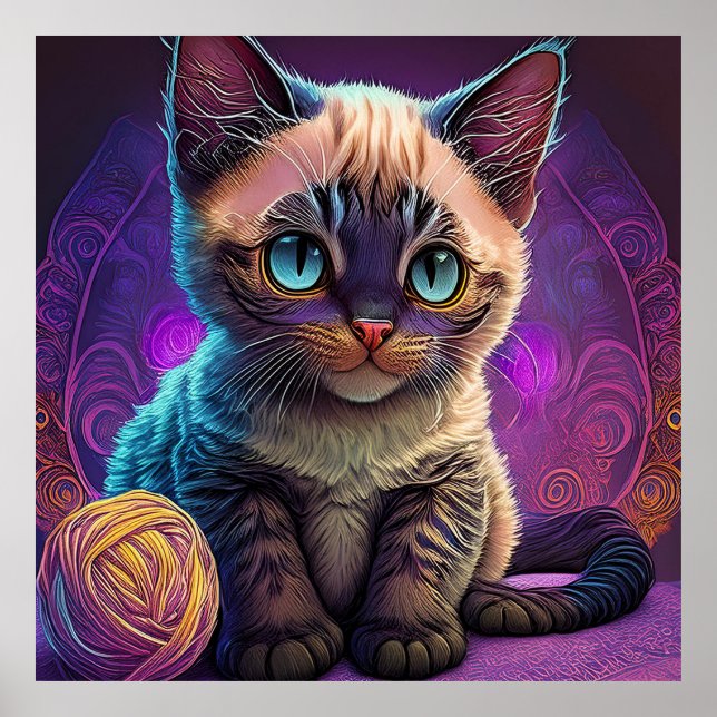 Young Blue Eyed Kitten With Ball Of Yarn Poster (Vorne)