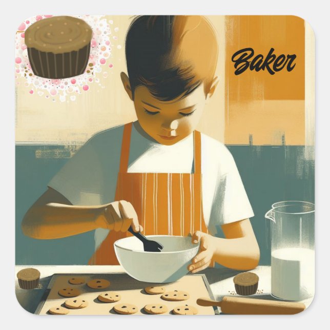 Young Boy Cookie Baker Quadratischer Aufkleber (Vorderseite)