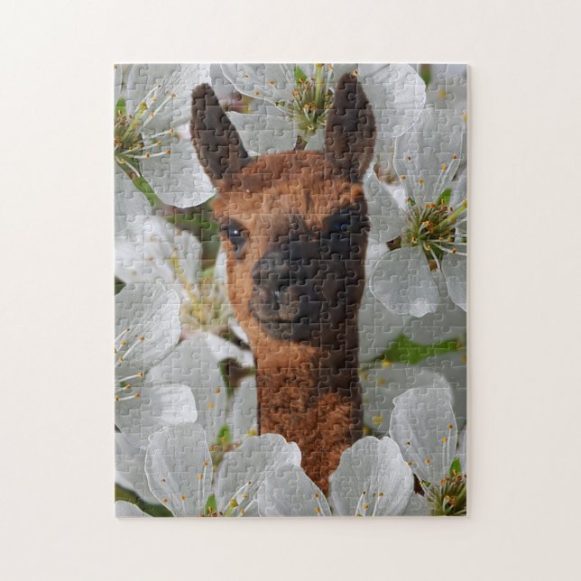 Young Brown Alpaca in White Blossoms, (Vertikal)