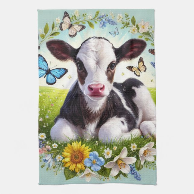 Young Calf mit Blumenreath und Schmetterlingen Geschirrtuch (Vertikal)