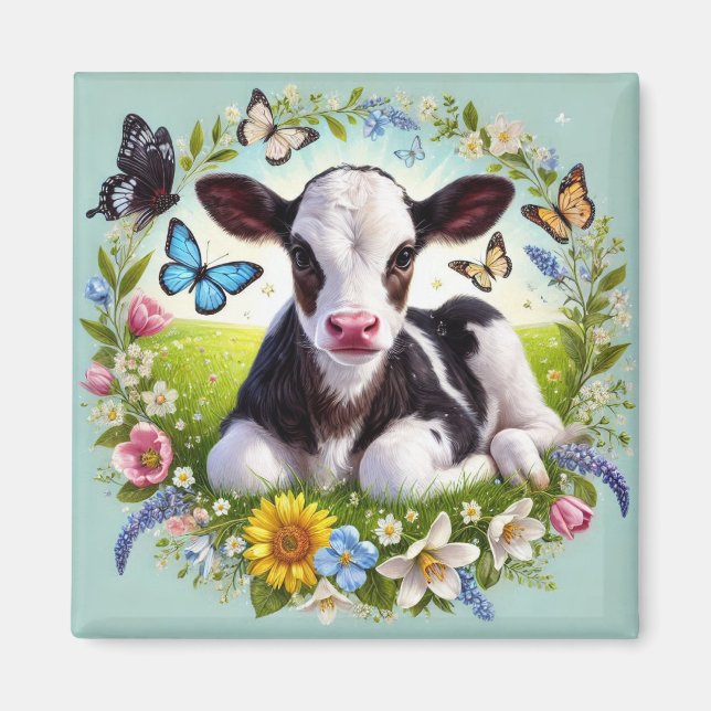 Young Calf mit Blumenreath und Schmetterlingen Magnet (Vorne)