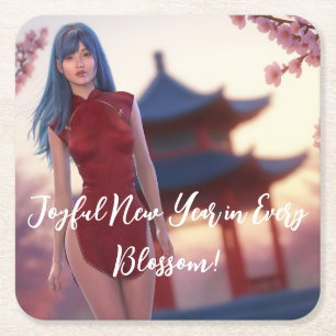 Young Cheongsam Beauty Posing für chinesisches Neu Rechteckiger Pappuntersetzer