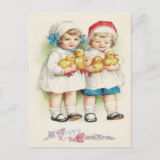 Young Girl Duck Easter Chick Feiertagspostkarte (Vorderseite)