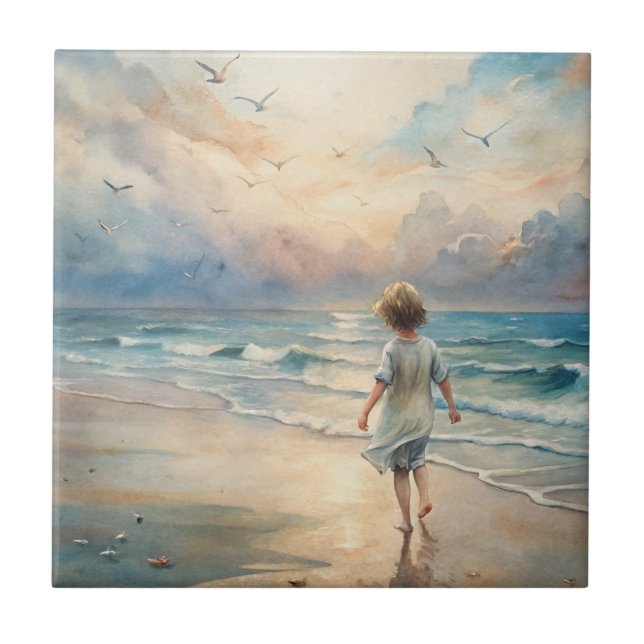 Young Girl on Beach Fliese (Vorderseite)
