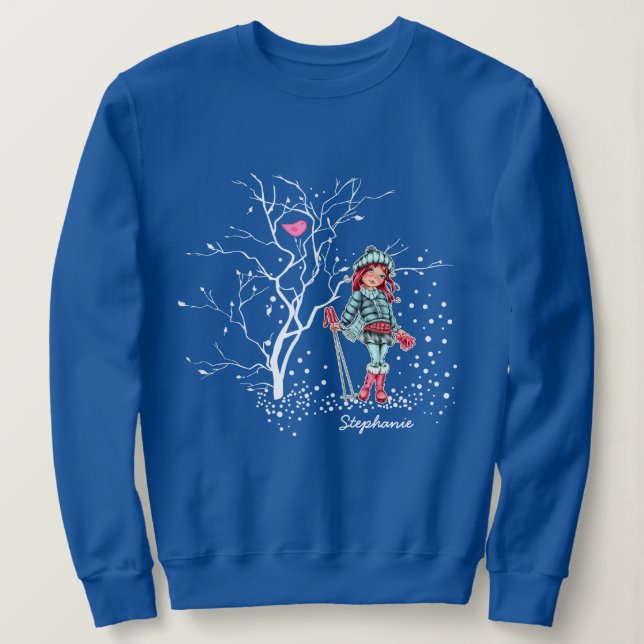 Young Girl Skier | Individuelle Name Weihnachtsges Sweatshirt (Design vorne)