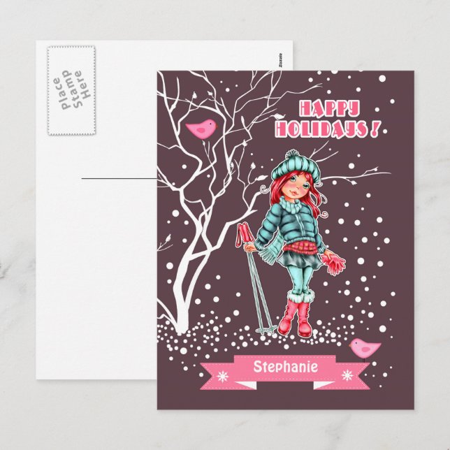 Young Girl Skier | Weihnachten im Individuelle Nam (Vorne/Hinten)