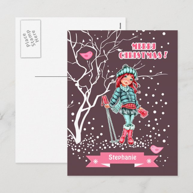Young Girl Skier | Weihnachten im Individuelle Nam (Vorne/Hinten)